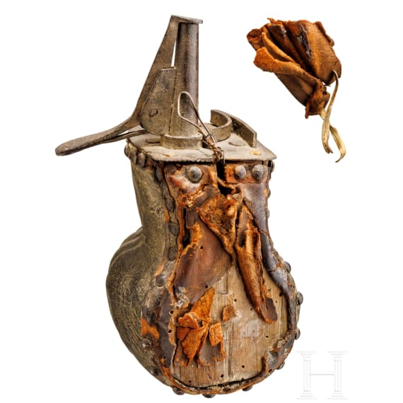 An Italian leather-covered powder horn, 17th century
