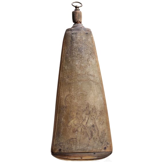 An engraved German horn powder flask, mid-18th century