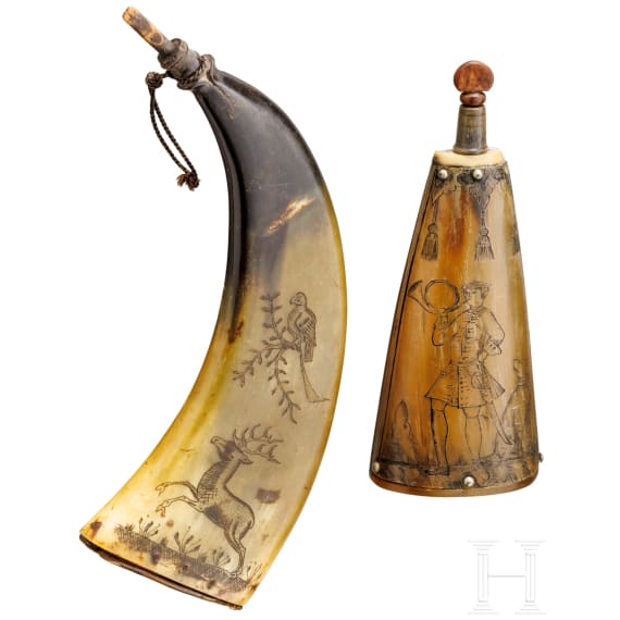 Two German powder flasks, 18th century