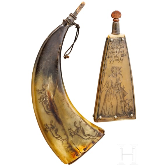 Two German powder flasks, 18th century