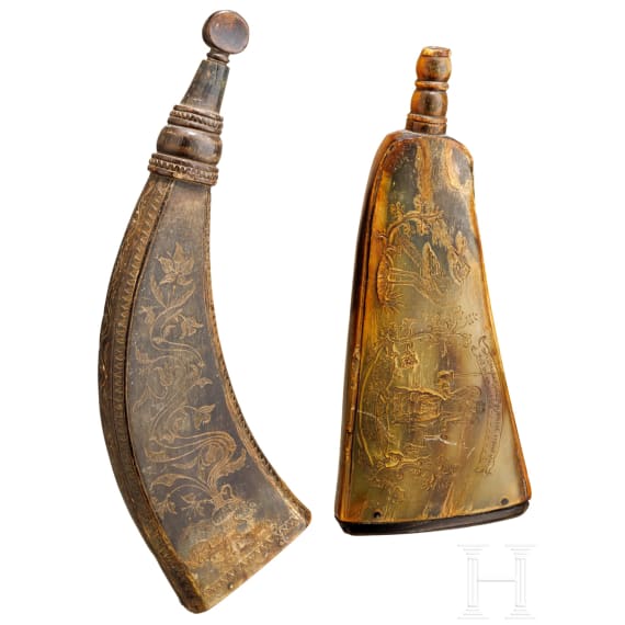 Two German engraved powder flasks, 18th century