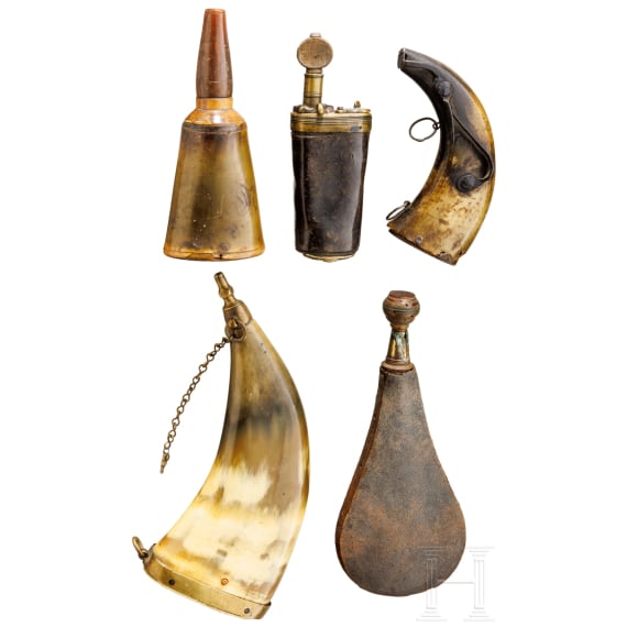Five German powder flasks, 18th century