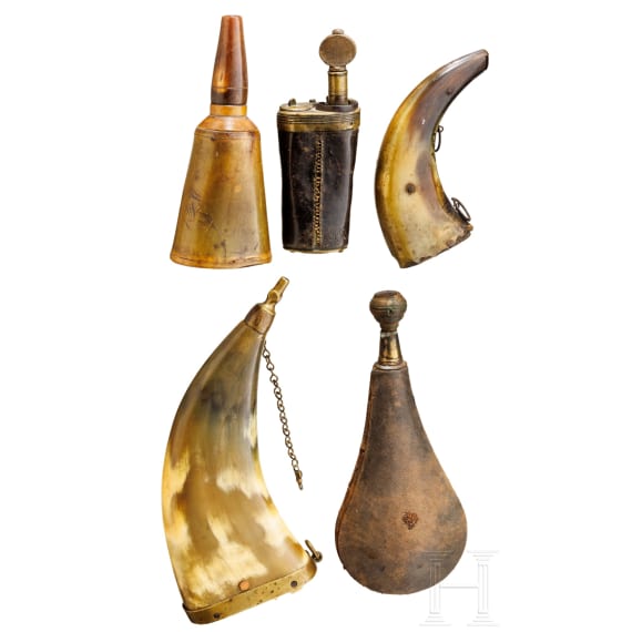 Five German powder flasks, 18th century