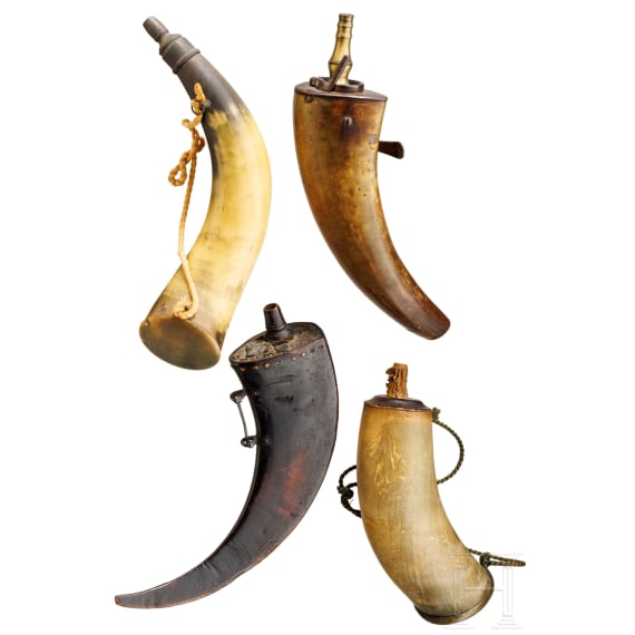 Four large German horn powder flasks, 18th/19th century