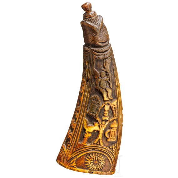 An elaborately carved Alpine horn powder flask, dated 1780