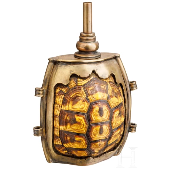 A European brass-mounted priming flask from a turtle shell, 19th century