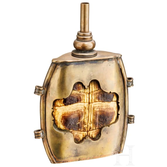 A European brass-mounted priming flask from a turtle shell, 19th century