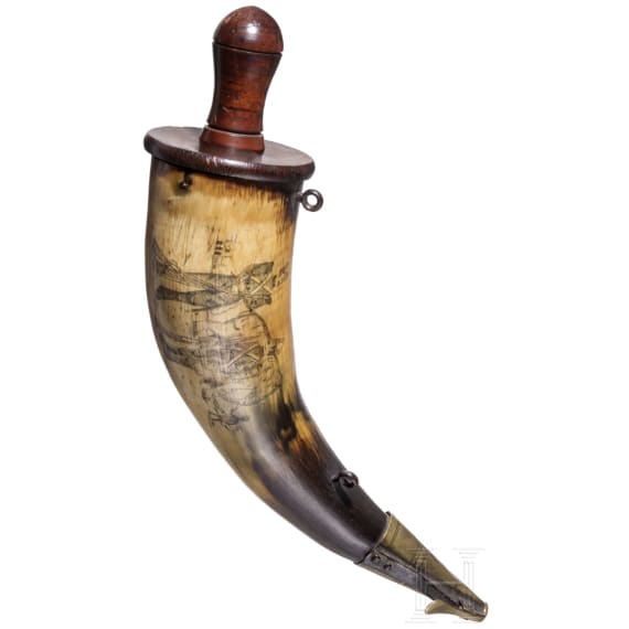 An English engraved powder horn of the 41st Regiment on the North-West Frontier, 19th century