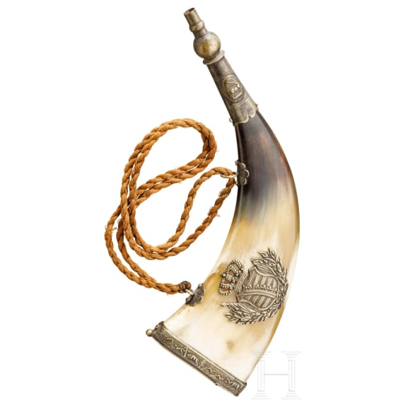 A Saxon nickel-silver mounted powder horn, 19th century