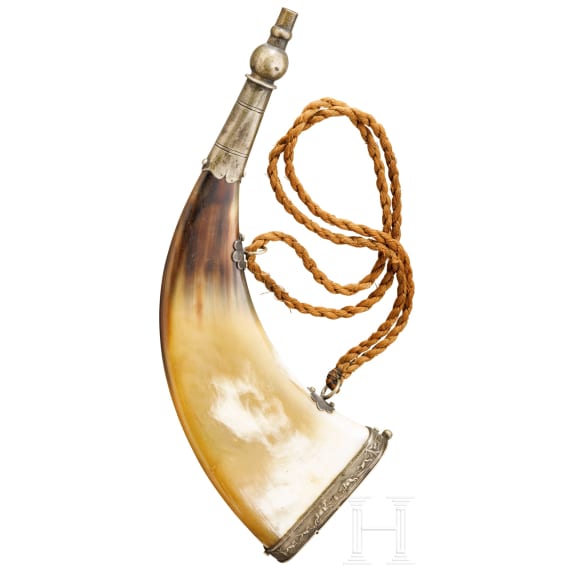 A Saxon nickel-silver mounted powder horn, 19th century