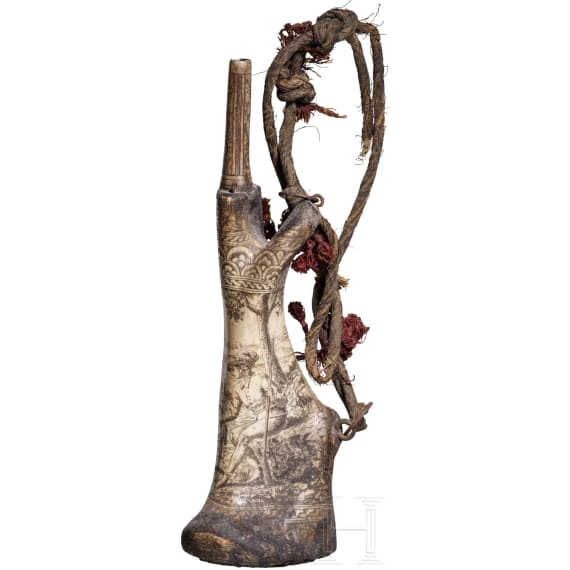 An Italian bone powder flask in Renaissance style, 19th century