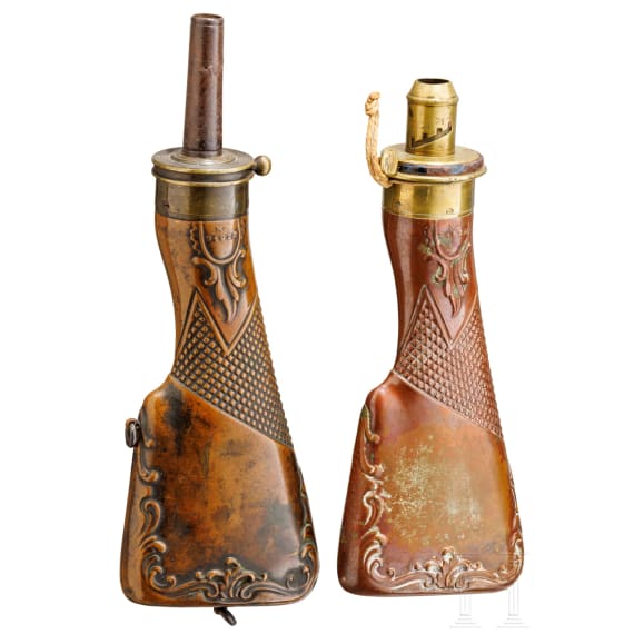Two English powder flasks, 19th century