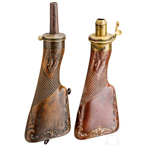 Two English powder flasks, 19th century
