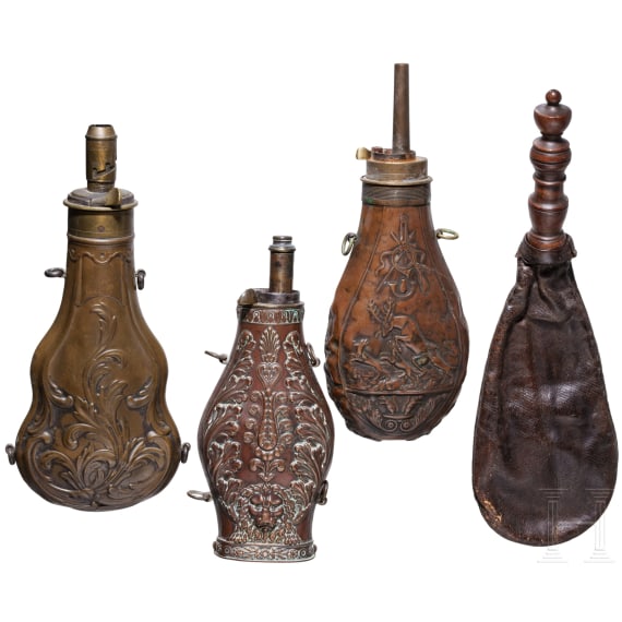 Three German/English copper powder flasks and a shot pouch, 19th century