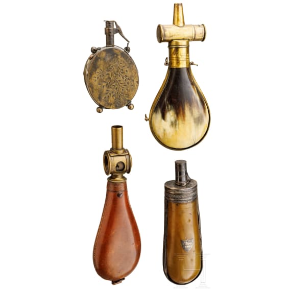 Four German powder flasks, 19th century