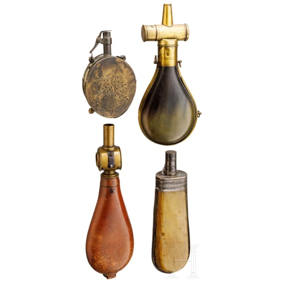 Four German powder flasks, 19th century