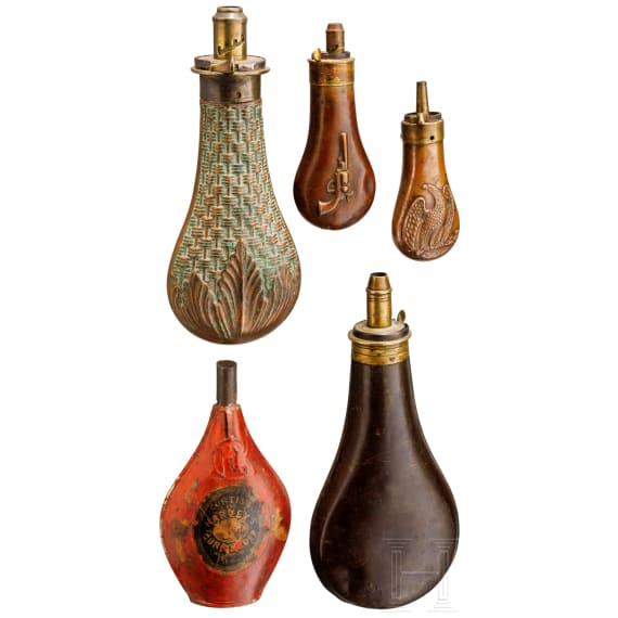 Five German, English and American powder flasks, 19th century