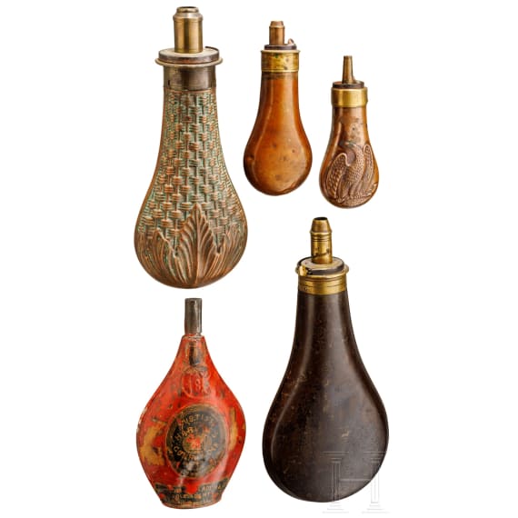 Five German, English and American powder flasks, 19th century