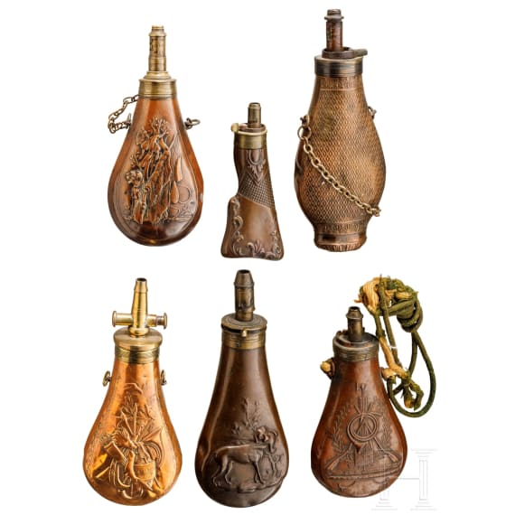Six German and French powder flasks, 19th century