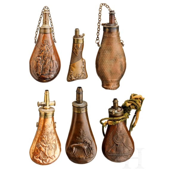 Six German and French powder flasks, 19th century