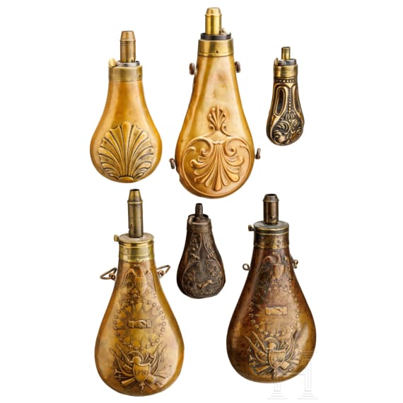 Six German and American powder flasks, 19th century