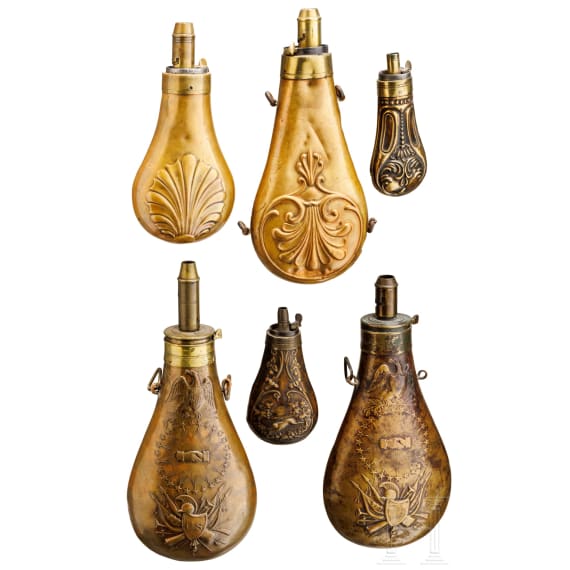 Six German and American powder flasks, 19th century