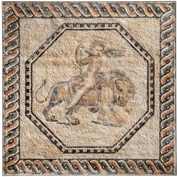 R&ouml;misches Mosaik mit Eros auf einem L&ouml;wen, Mitte 3. Jhdt. n. Chr.