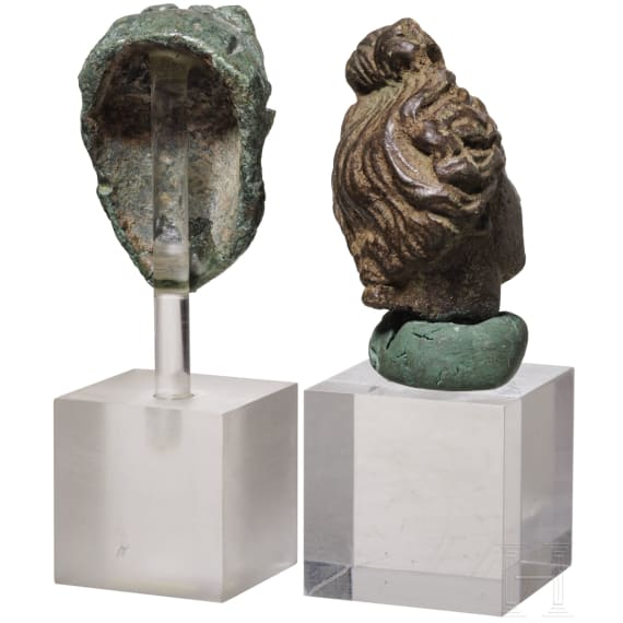Bronzekopf eines Silen als Applike und Bronzekopf einer Venusstatuette, r&ouml;misch, 2. - 3. Jhdt. n. Chr.