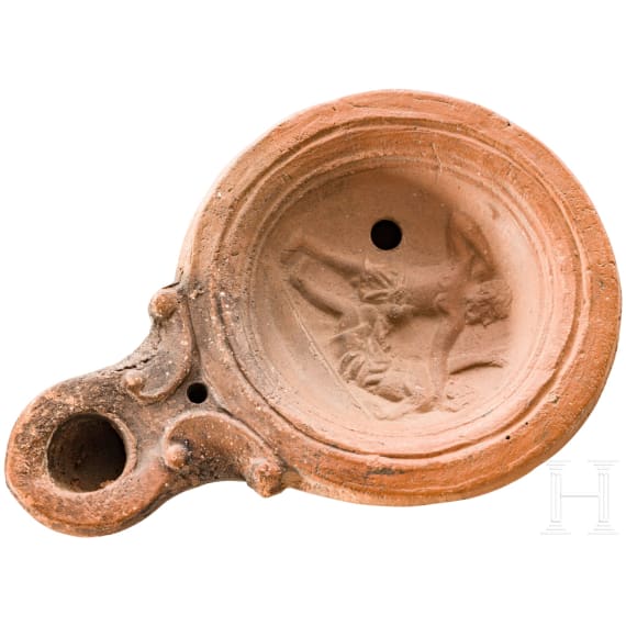 &Ouml;llampe mit Darstellung von Faustk&auml;mpfern, r&ouml;misch, Mitte 1. Jhdt. n. Chr.
