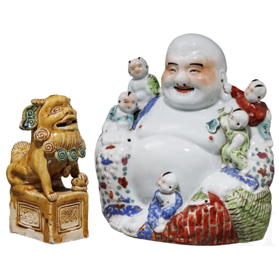 Lachender Buddha und Foo-Hund (L&ouml;we), China, Jiangxi-Provinz, Republikzeit