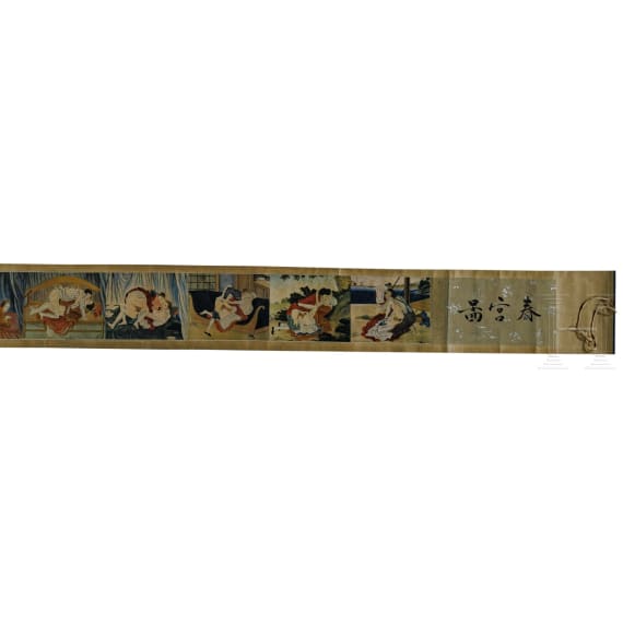 Shunga-Rolle und erotischer Keramikk&uuml;rbis, China, Anfang 20. Jhdt.