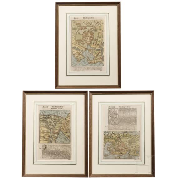 Drei gerahmte Seiten aus der Cosmographia Sebastian M&uuml;nsters (1488 - 1552), deutsch/Schweiz, 16. Jhdt.