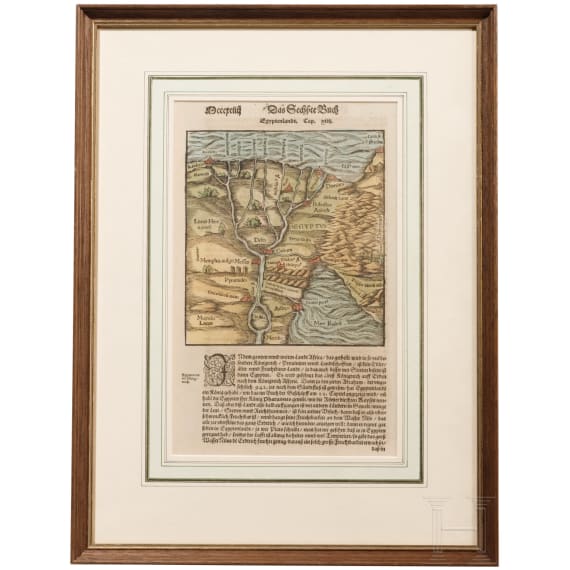 Drei gerahmte Seiten aus der Cosmographia Sebastian M&uuml;nsters (1488 - 1552), deutsch/Schweiz, 16. Jhdt.
