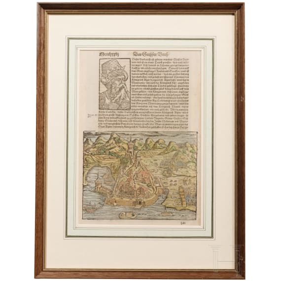 Drei gerahmte Seiten aus der Cosmographia Sebastian M&uuml;nsters (1488 - 1552), deutsch/Schweiz, 16. Jhdt.