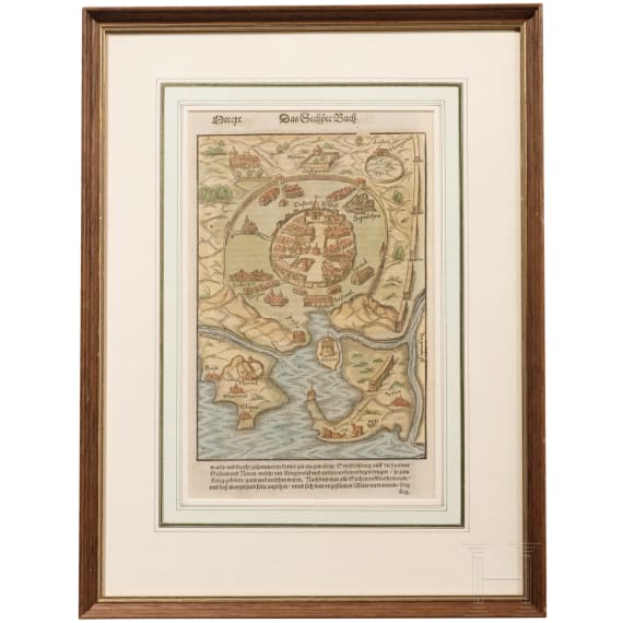 Drei gerahmte Seiten aus der Cosmographia Sebastian M&uuml;nsters (1488 - 1552), deutsch/Schweiz, 16. Jhdt.