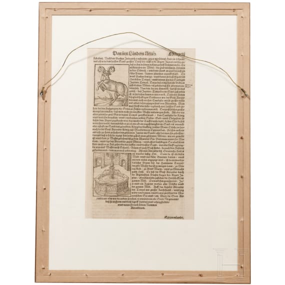 Drei gerahmte Seiten aus der Cosmographia Sebastian M&uuml;nsters (1488 - 1552), deutsch/Schweiz, 16. Jhdt.