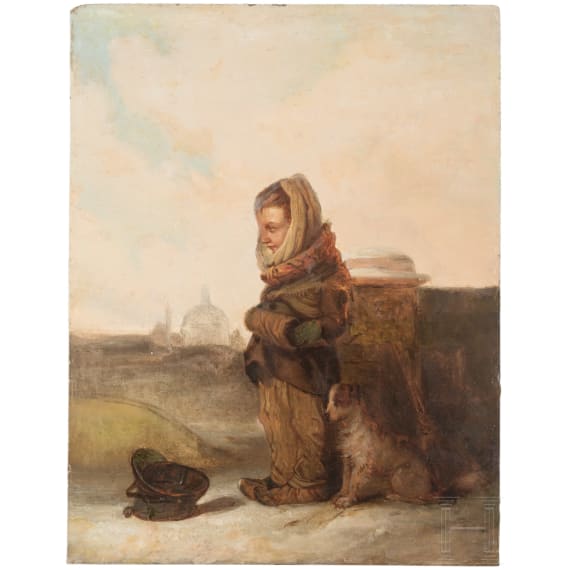 Kleiner Bettler mit Hund vor der Karlskirche, &Ouml;sterreich, 19. Jhdt.