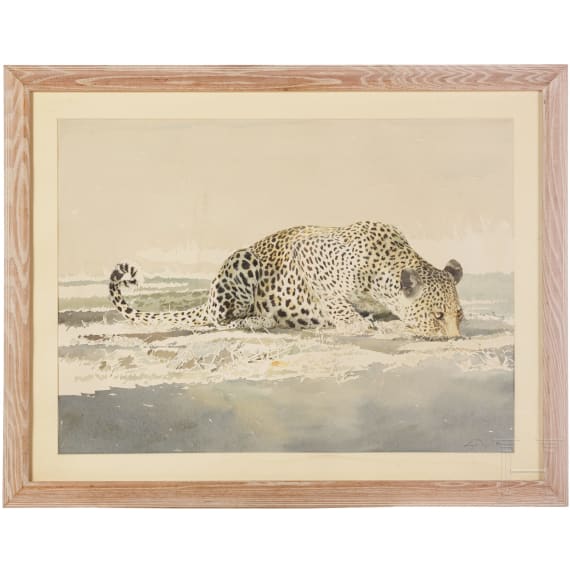 Leigh Voight, "Leopard drinking", S&uuml;dafrika, datiert 1997