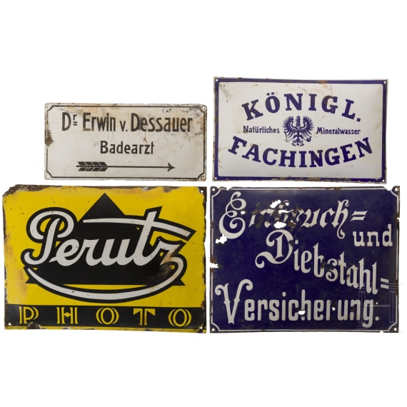 Vier Emailleschilder, darunter "Perutz Photo" und "K&ouml;nigl. Fachingen Mineralwasser", deutsch, 1920er Jahre