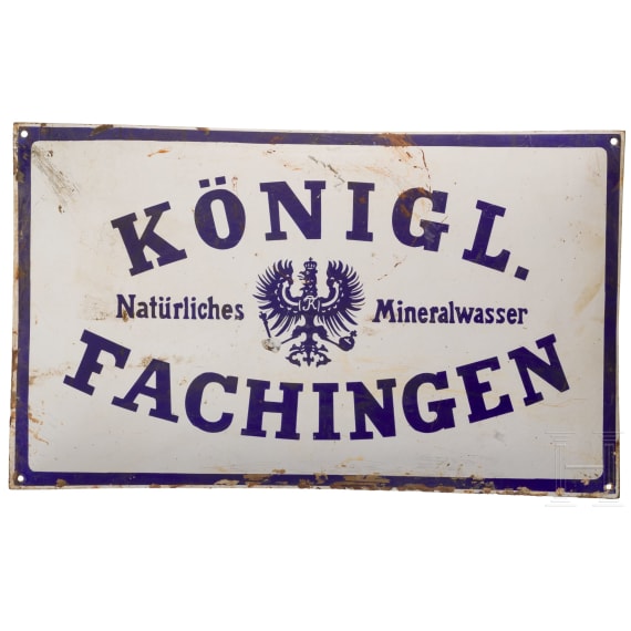 Vier Emailleschilder, darunter "Perutz Photo" und "K&ouml;nigl. Fachingen Mineralwasser", deutsch, 1920er Jahre