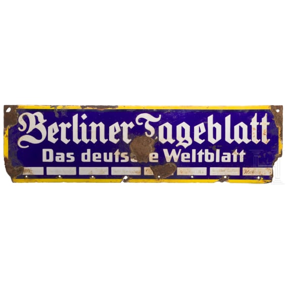Zwei Emailleschilder "Fr&auml;nkischer Kurier" und "Berliner Tagesblatt", 1920er Jahre