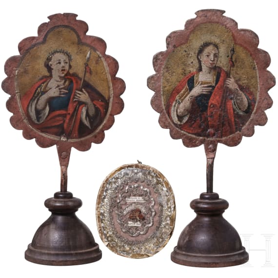 Zwei Prozessionsstangenaufs&auml;tze und ein Reliquienbild, s&uuml;ddeutsch, 18. Jhdt.