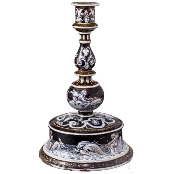 Gro&szlig;er Kupfer- und Emaille-Glockenfu&szlig;leuchter, Limoges, Frankreich, 19. Jhdt.