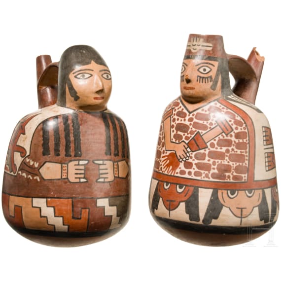 Zwei halbfig&uuml;rliche Gef&auml;&szlig;e, Peru, Nasca-Kultur (Nazca), 3. - 8. Jhdt.