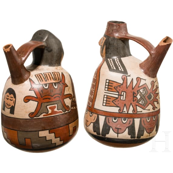 Zwei halbfig&uuml;rliche Gef&auml;&szlig;e, Peru, Nasca-Kultur (Nazca), 3. - 8. Jhdt.