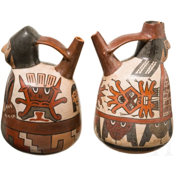 Zwei halbfig&uuml;rliche Gef&auml;&szlig;e, Peru, Nasca-Kultur (Nazca), 3. - 8. Jhdt.