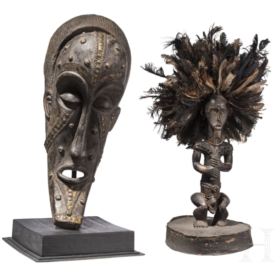 Reliquiarsdeckel mit Aufsatz sowie Maske, Fang Ngumba/Senufo, Gabon/Kamerun/Mali