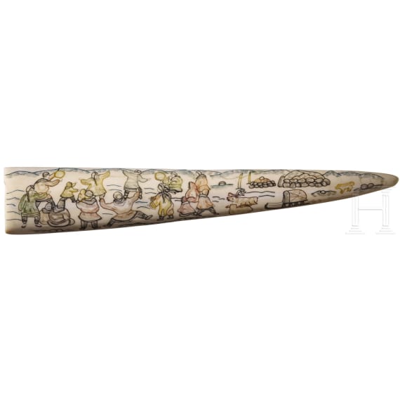 Walrosszahn-Scrimshaw, Yupik, Alaska, 20. Jhdt.