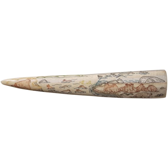Walrosszahn-Scrimshaw, Yupik, Alaska, 20. Jhdt.