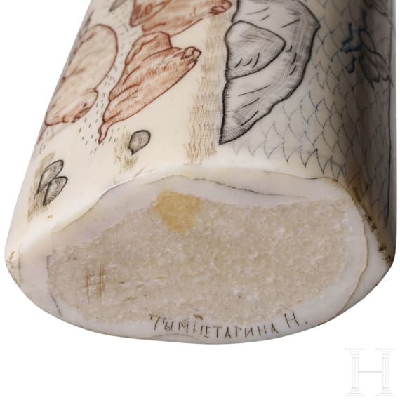 Walrosszahn-Scrimshaw, Yupik, Alaska, 20. Jhdt.